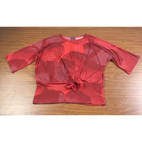Clara Sun Woo Sz Small Dolman Sleeve Blouse Top Red Side Tie Abstract Print EUC - Picture 7 of 7